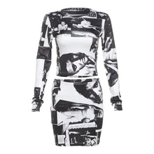 Load image into Gallery viewer, Weird Puss Face Print Women Tracksuit 2 Piece Set Hipster Spring Long Sleeve Crop Tops+Peach Hip Skirts Stretch Matching Suits