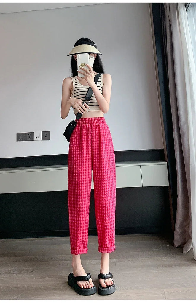 New Women's Checkered Cotton Hemp High Waist Casual Haren Pants Summer Korean Fashion Loose Women Seven Split Wide Leg Pants