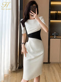 H Han Queen New O-Neck Vintage Vestidos Simple Chic Color Blocking Bodycon Office Casual Dress Women Sheath Pencil Dresses