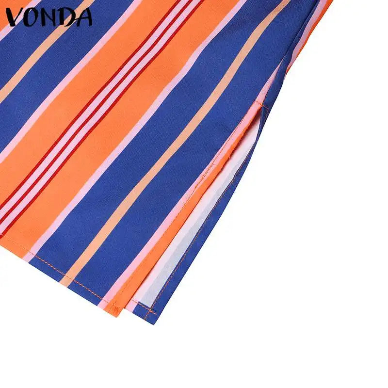 VONDA Bohemian Vintage Women Striped Pants Sets 2024 Summer Half Sleeve Casual Loose Tops and Pants Matching Sets Oversize 2PCS