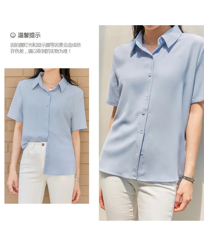 New Women'S Summer Lapel Short Sleeved Slimming Casual Versatile Shirt Female Comfortable Thin Fashionable Professional Top