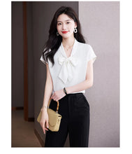 Load image into Gallery viewer, Bow Tie Blouse Shirt for Women OL Elegant Blouses Satin Womens Tops Silk Female Clothing 2023 Korean Fashion Short Sleeve Blouse