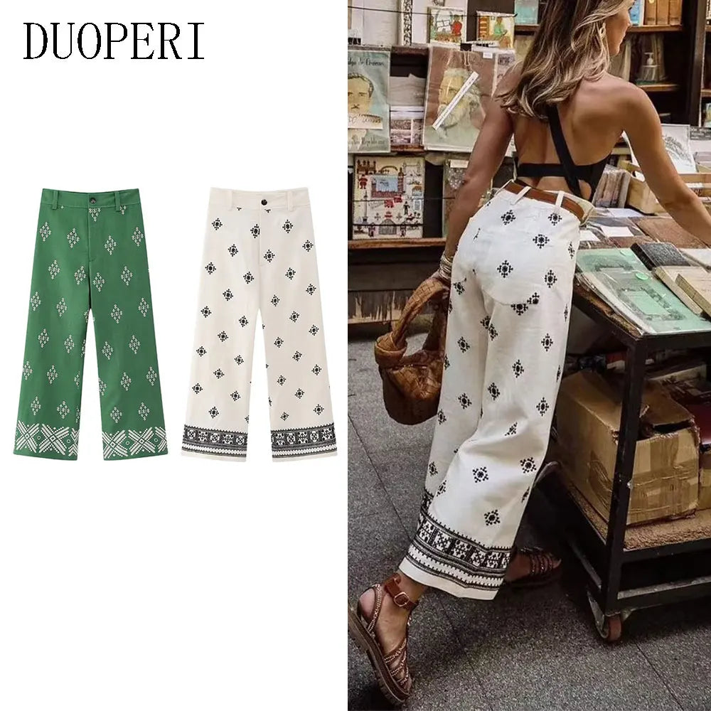 DUOPERI Women Fashion Linen Embroidery Straight Pant High Waist Full Length Female Chic Lady Casual Vintage Long Flax Trousers