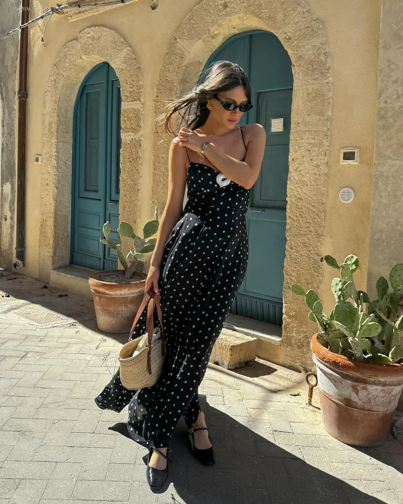 Sexy Black Spotted Backless A-line Sling Long Dresses Elegant Sleeveless High Waist Slim Dress Summer Lady Vacation Party Robes