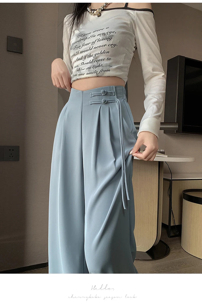 High Waist Buttons Suit Wide Leg Women's Full Pants 2024 New Spring Summer Female Elegant Minimalism Straight Loose Trousers