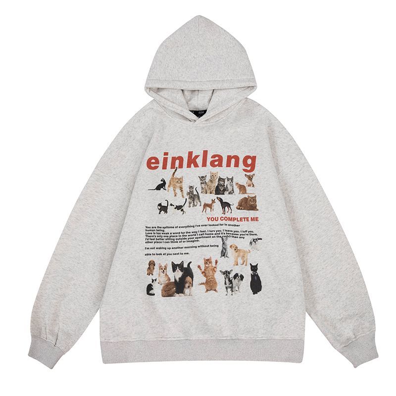 Cat Dog Print Sudadera Fleece Loose Animal Pullovers Hooded Thick Casual Tops High Street American Women Vintage Sweatshirt