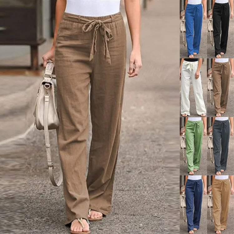 2023 Autumn Women's Summer Elastic Waist Pure Cotton Hemp Strap Loose Pants