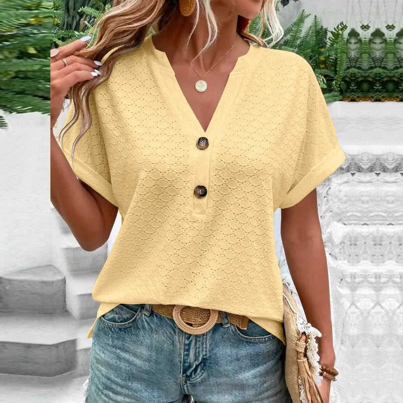 2023 New Fashion Women Blouses Casual Jacquard Button V-Neck Solid Loose Shirts Summer Short Sleeve Oversized Tops Female