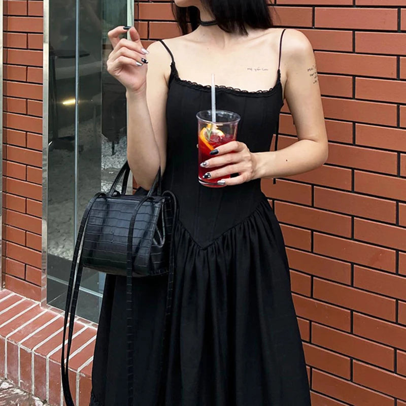 Black Lace Pleated Dress Trim A-Line Spaghetti Strap Backless Vintage Punk Long Dress Women Night Prom Korean Gothic Sundress