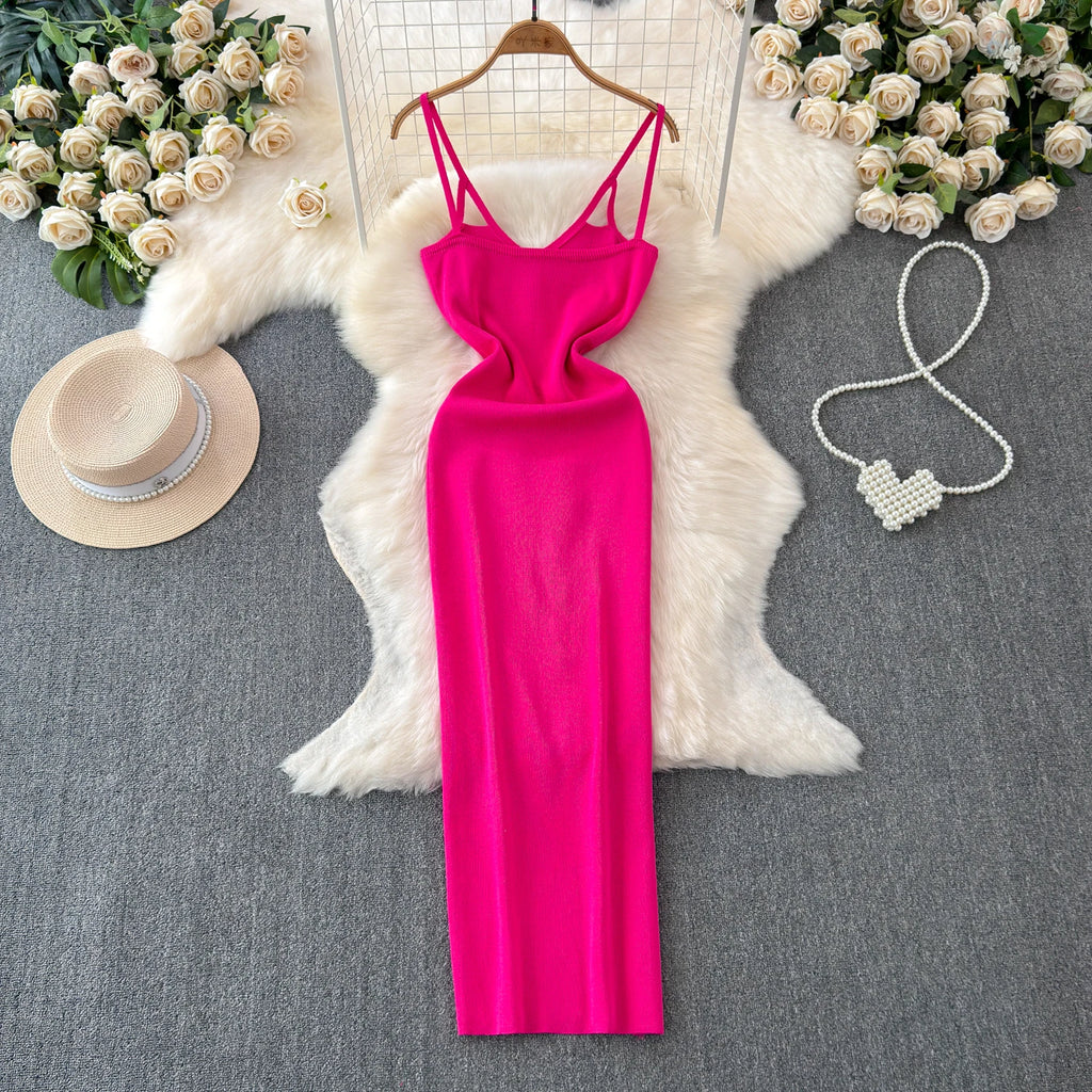 sweet Sleeveless Backless Solid Knit Split Slip Dress Chic Elastic Slim Fashion Party Women Elegant Wrap Pencil dresses