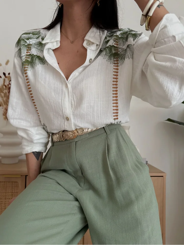 Casual Green Print Shirts Set Women Loose Single Breasted Blouses Pleated Drawstring Wide Leg Pants 2024 Summer Lady Outfit