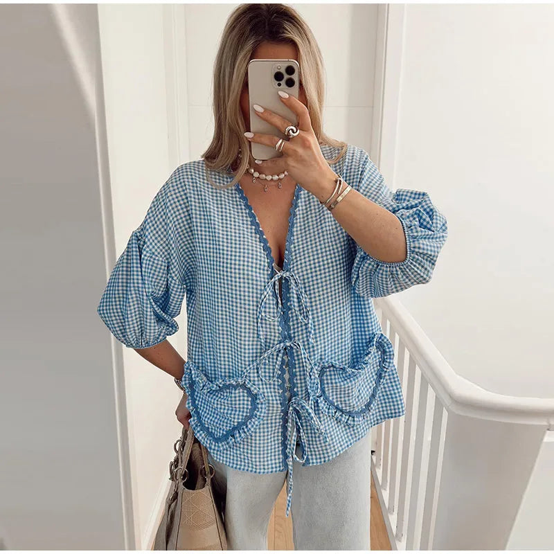 Elegant Plaid Bow Lace Print Women Shirt Fashion Casual Long Lantern Sleeve V Neck Tops 2024 Spring Summer Female Love Outwear