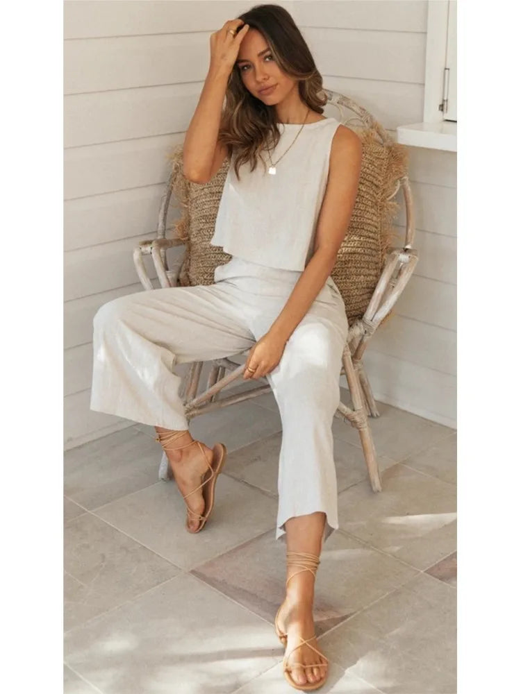 Summer Women's Solid Top Shirt 2 Piece Set Fashion O-neck Sleeveless Casual Elegant Sets 2023 New