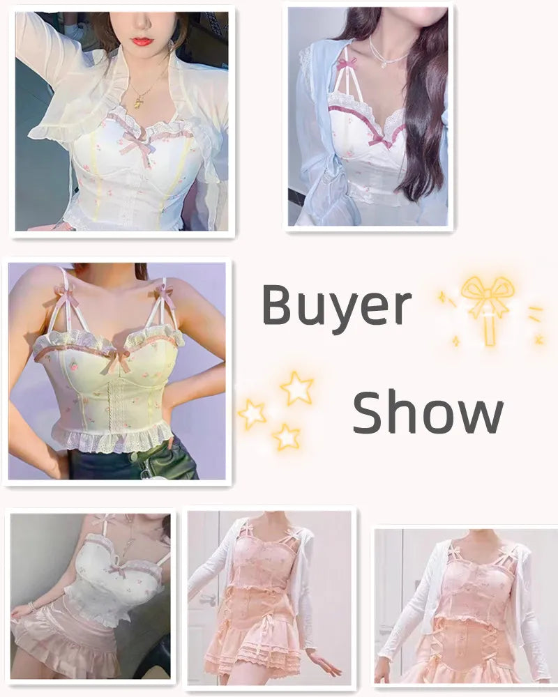 Floral Kawaii Tank Top Women Summer 2024 White Backless Sexy Beach Sweet Cute Halter Tops Lace Print Party Korean Style Clothing