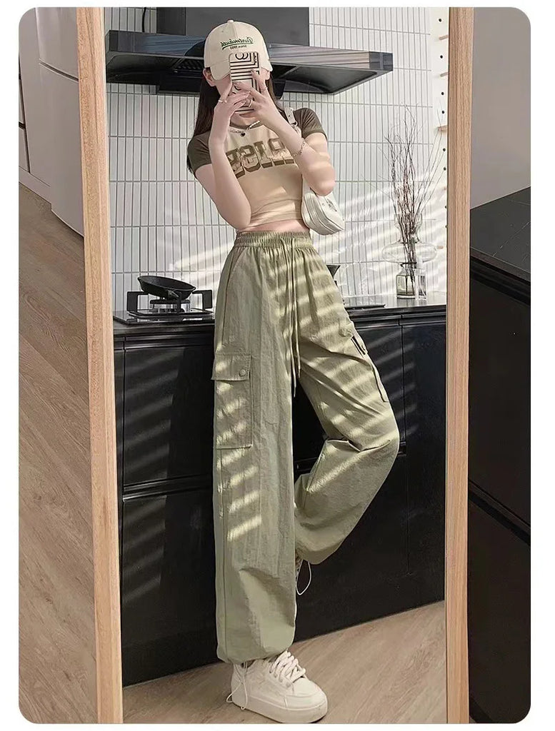 Women Solid Color Fashion Temperament Straight  Cargo Pants Casual Big pocket Wide leg Long Pants Sports outside trousers