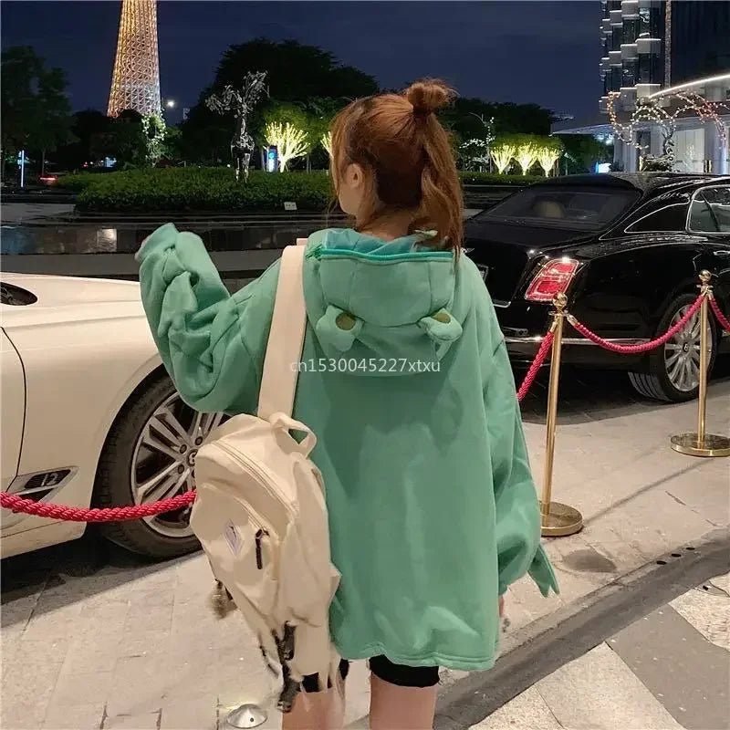 S-3XL Frog Zipper Hoodie Fleece Lined Springtime Embroidery oversized Sweatshirt Harajuku Warm Pullover Korean Style Dropship