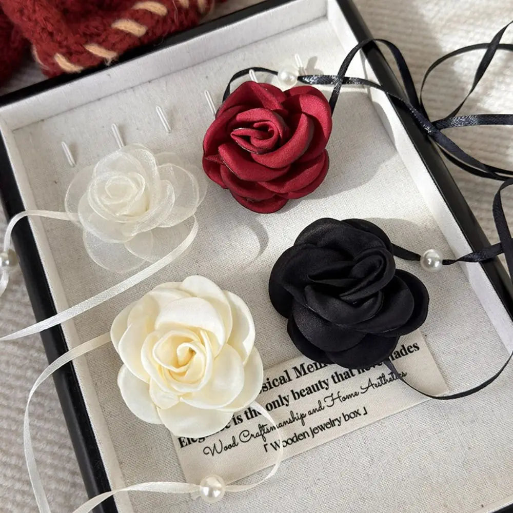 3D Rose Flower Women Choker Necklace Retro Black White Elegant Lace Up Rose Necklace Strappy Collar Necklace Party Supplies