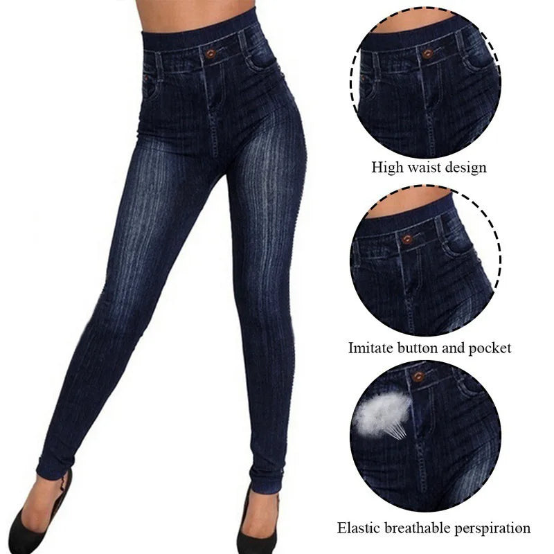 Women Print Jeggings Cotton Slim Fit Fake Jeans Denim High Waist Fitness Leggings 3XL Size Fashion Lady Streetwear Pants Spring