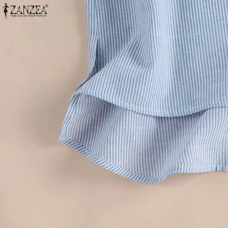 ZANZEA Women O Neck Short Sleeve Blouse Striped Printed Shirt Button Bohemian Casual Summer Tops Loose Work Blusas Femme Chemise