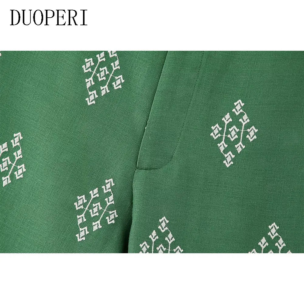 DUOPERI Women Fashion Linen Embroidery Straight Pant High Waist Full Length Female Chic Lady Casual Vintage Long Flax Trousers