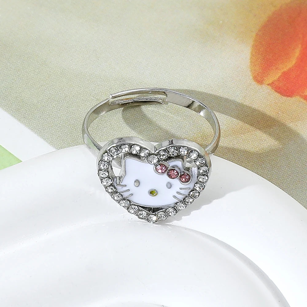 Anime Sanrio Hello Kitty Rings Heart  Shape Rhinestone Open Adjustable Cute KT Cat Ring Accessories Fashion Jewelry Gifts