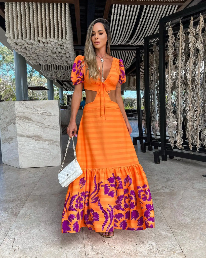 New Bohemian Sexy Printed Women Dresses Halter Sleeveless Backless Naked Waist Long Dress Fashion Summer Beach Holiday Robe