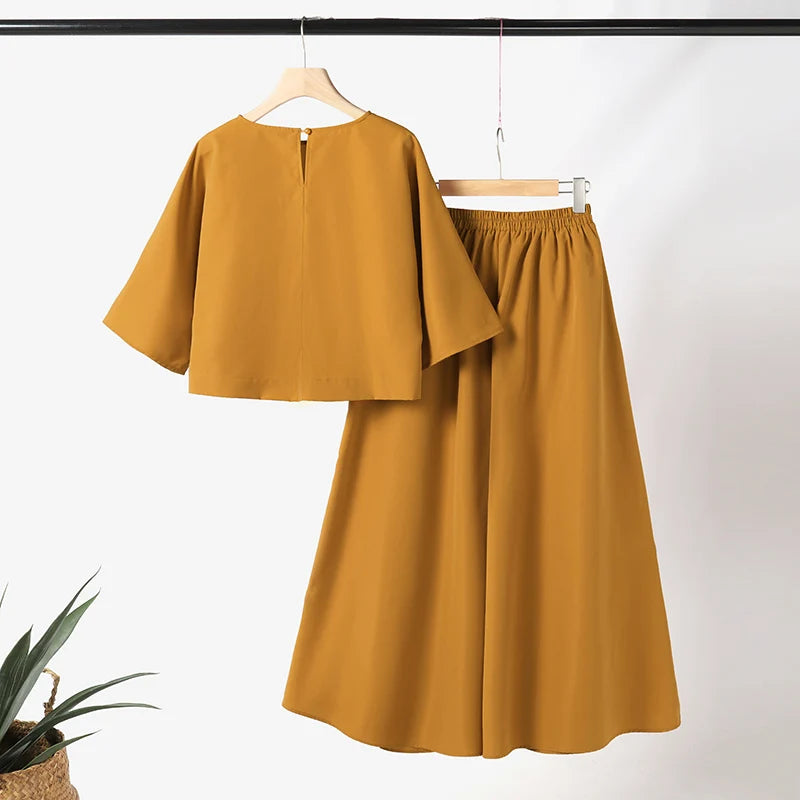 ZANZEA Summer Pant Sets Fashion Matching Sets Women Three Quarter Sleeve O-Neck Side Pockets Top 2PCS Blouses Long Wide Leg Pant