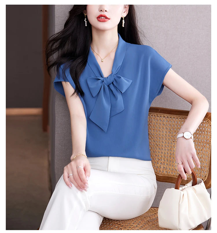 Bow Tie Blouse Shirt for Women OL Elegant Blouses Satin Womens Tops Silk Female Clothing 2023 Korean Fashion Short Sleeve Blouse