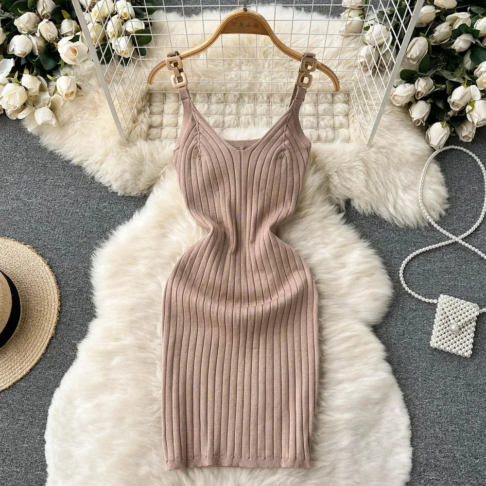 Knitted Summer Women Solid Dress 2024 Slim V Neck Elegant Sexy Vacation Fashion Ladies A Line Midi Dresses