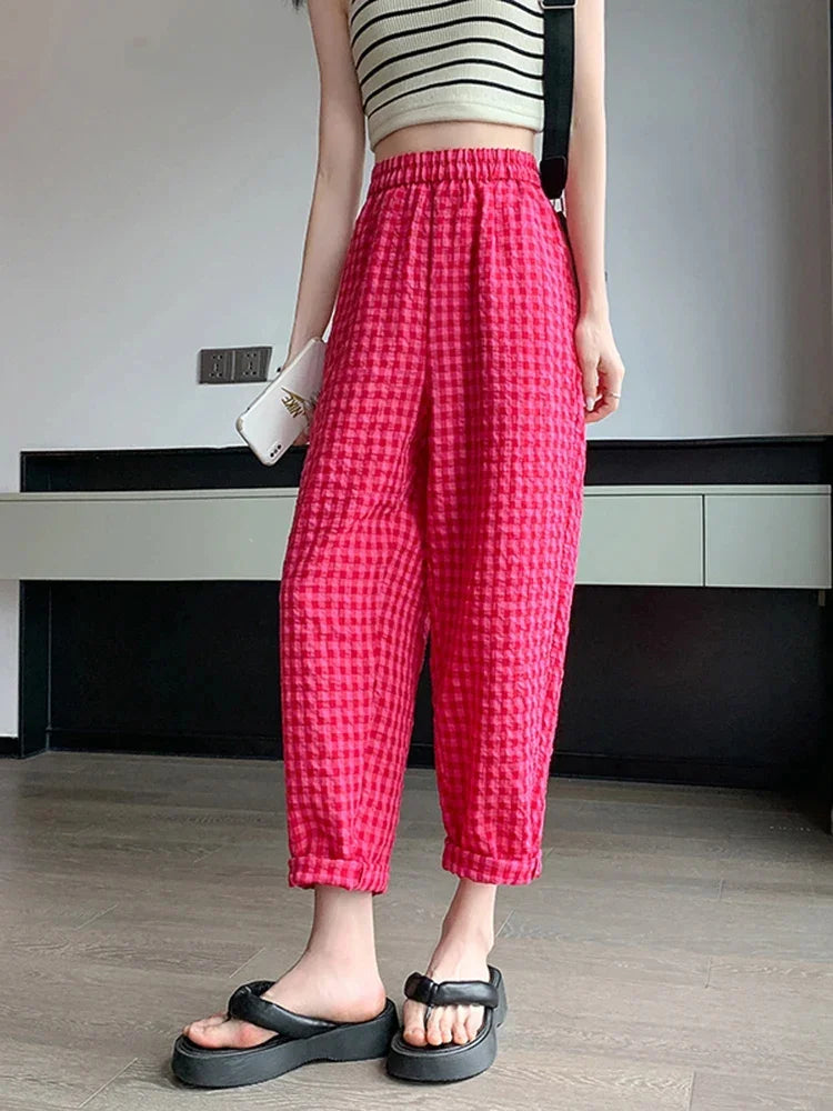 New Women's Checkered Cotton Hemp High Waist Casual Haren Pants Summer Korean Fashion Loose Women Seven Split Wide Leg Pants