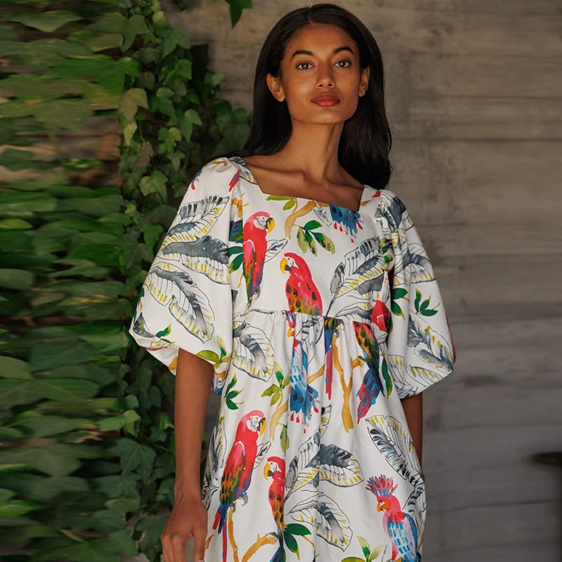 Vintage Print Patchwork Long Dresses Women Fashion Lantern Shorts Sleeves Loose Maxi Dress 2024 Lady Casual Vacation Streetwear