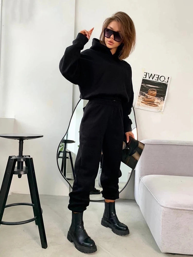 2024 autumn new women's leisure suit solid color long sleeved loose hoodie sports trouser Female winter fashion two piece set