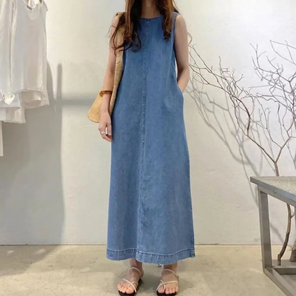 Femme Fashion Casual Loose Long Maxi Sundress Pleated Denim Vestido Sleeveless Robe Women Summer A Line Dress Overszie