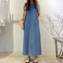 Load image into Gallery viewer, Femme Fashion Casual Loose Long Maxi Sundress Pleated Denim Vestido Sleeveless Robe Women Summer A Line Dress Overszie