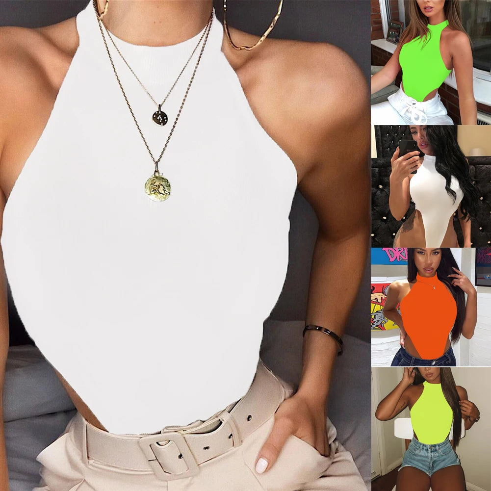 Women Ladies Sexy Sleeveless Solid Color High Cut Slim Skinny Bodycon Club Beach Fashion Halter Bodysuits Leotard Tops Rompers