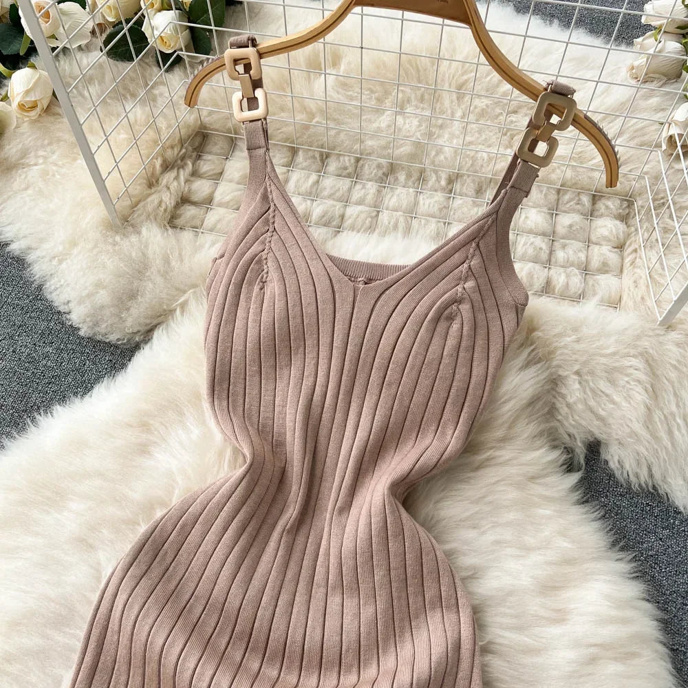 Knitted Summer Women Solid Dress 2024 Slim V Neck Elegant Sexy Vacation Fashion Ladies A Line Midi Dresses