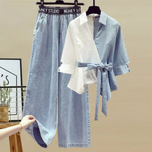 Load image into Gallery viewer, Women&#39;s Summer New in Matching Set Korean Elegant Splice Fake Two Piece Shirts+Jeans Suit 2023 Chic Blouse Denim Trousers Suits