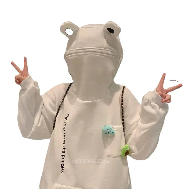 S-3XL Frog Zipper Hoodie Fleece Lined Springtime Embroidery oversized Sweatshirt Harajuku Warm Pullover Korean Style Dropship