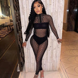 Sexy Hollow Out Night Club Outfit Women Two Piece Set Y2K Patchwork Long Sleeve Top and Leggings Conjuntos Para Mujeres 2 Piezas