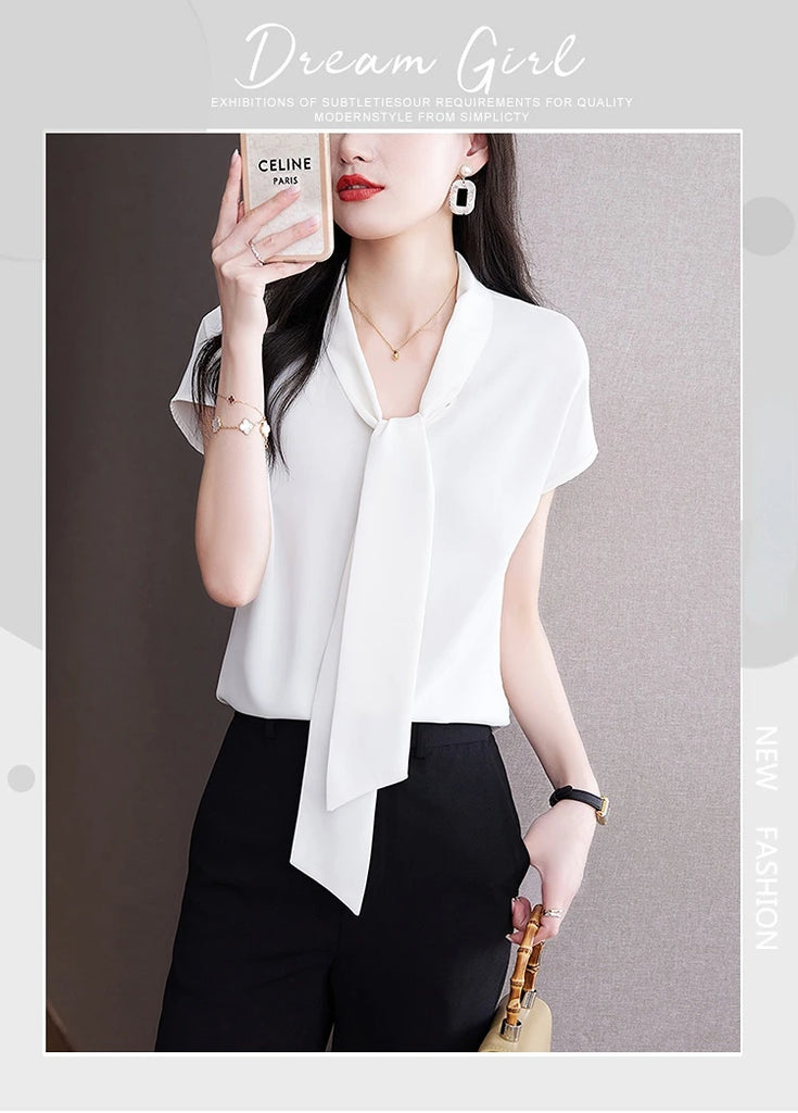 Bow Tie Blouse Shirt for Women OL Elegant Blouses Satin Womens Tops Silk Female Clothing 2023 Korean Fashion Short Sleeve Blouse