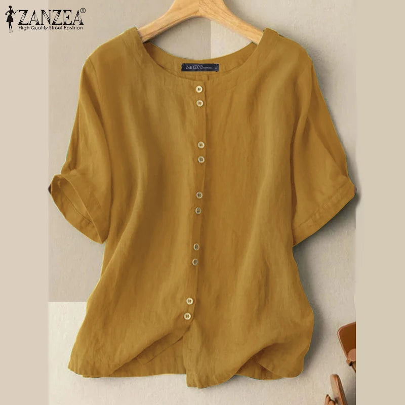 ZANZEA Summer Casual Loose Tunic Tops Women Vintage OL Shirt O Neck Short Sleeve Blouse Solid Cotton Blusas Buttons Down Chemise