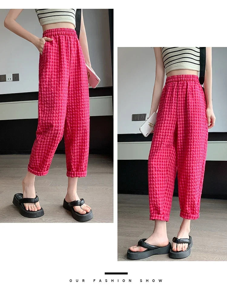 New Women's Checkered Cotton Hemp High Waist Casual Haren Pants Summer Korean Fashion Loose Women Seven Split Wide Leg Pants