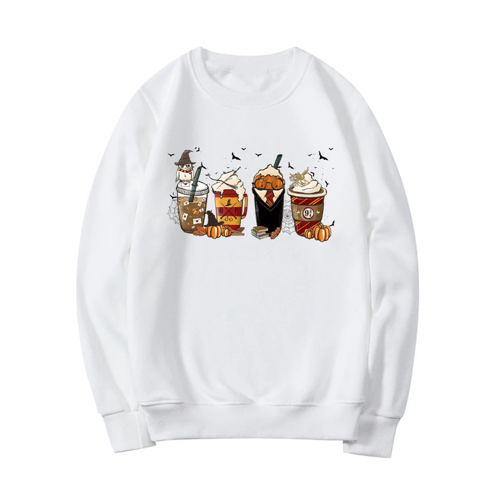 Latte Coffee Halloween Witch School Sweatshirt Fall Coffee Pumpkin Hoodies Retro Halloween Sweatshirt Vintage Halloween Gift Top