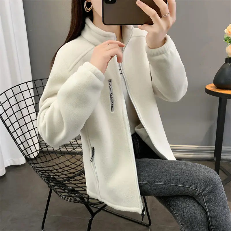 Winter Women Sweatshirt Coat Casual Loose Zip Up Cardigan Long Sleeve Sweatershirt Reversible Polar Fleece Stand Collar Coat