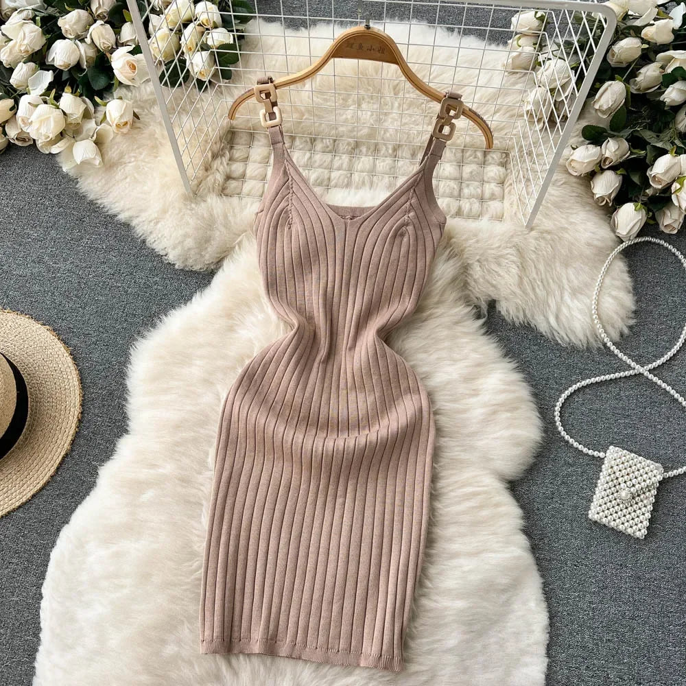 Knitted Summer Women Solid Dress 2024 Slim V Neck Elegant Sexy Vacation Fashion Ladies A Line Midi Dresses