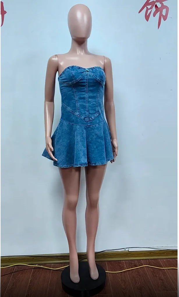 Lovely Lady Denim Club Dress Sexy Women Strapless Elegant Blue Jeans Skater Party Dress