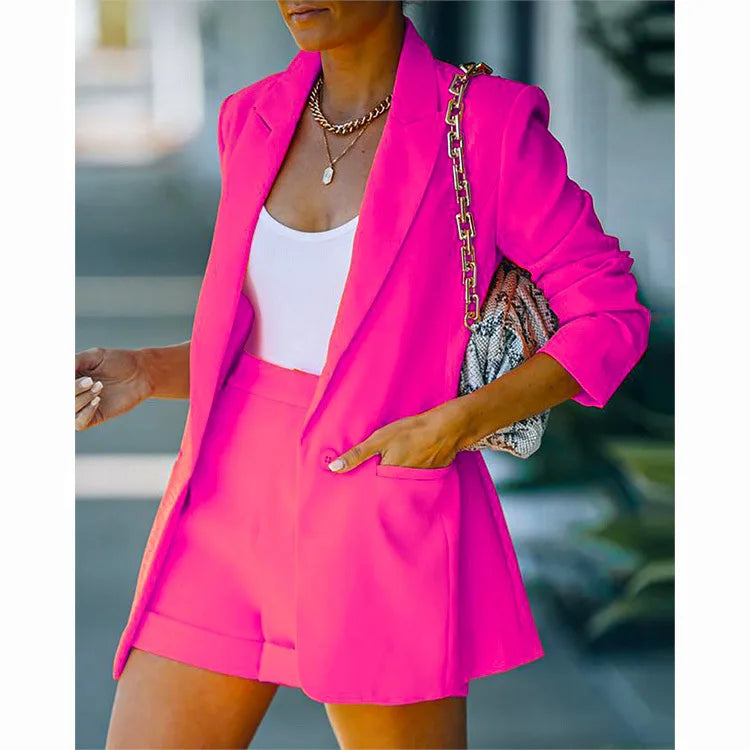 2024 Elegant Two Piece Blazer Suit Sets Women OL Office Sets Slim Cardigan Blazer Shorts Solid 2 Piece Set Casual Blazers Set