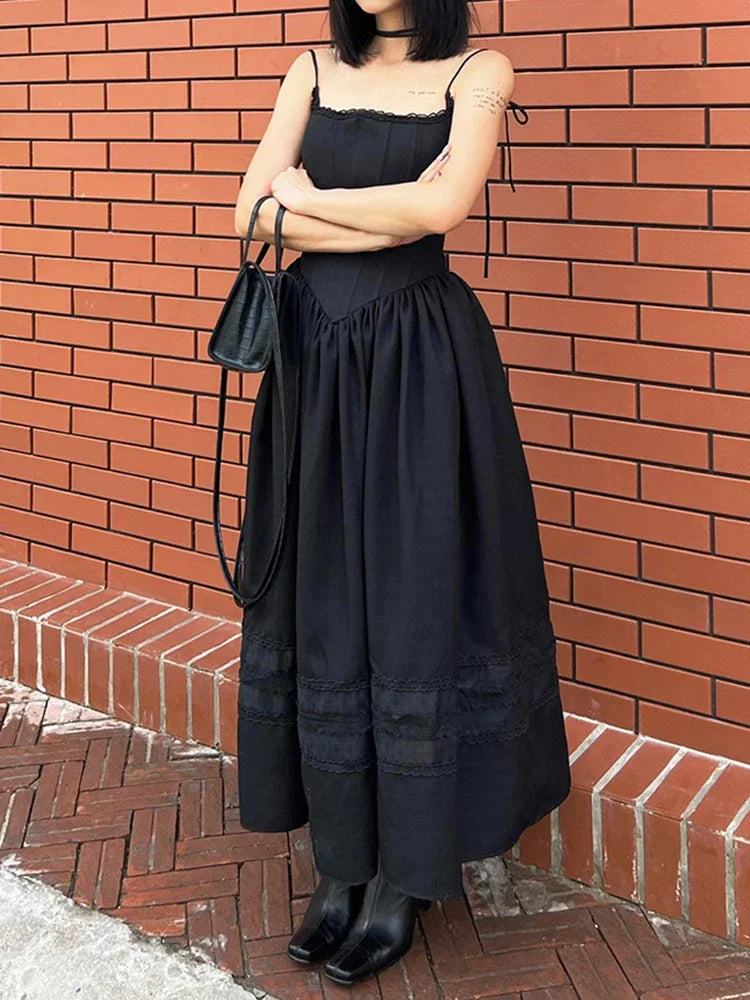 Black Lace Pleated Dress Trim A-Line Spaghetti Strap Backless Vintage Punk Long Dress Women Night Prom Korean Gothic Sundress