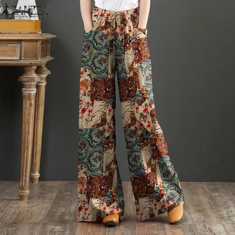 Bohemian Vintage Long Pants ZANZEA Women Wide Leg Trousers Summer High Waist Printed Pantalon Female Elegant Work Palazzo Capris