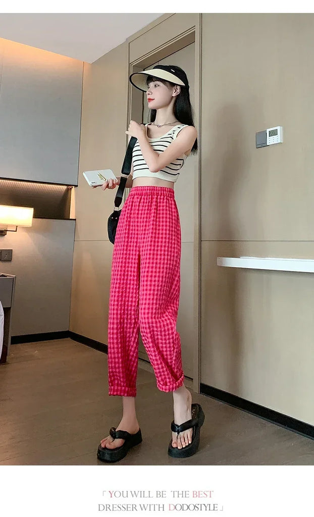 New Women's Checkered Cotton Hemp High Waist Casual Haren Pants Summer Korean Fashion Loose Women Seven Split Wide Leg Pants